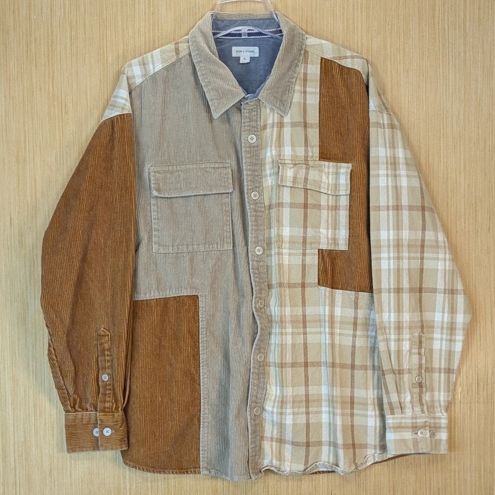 Sun + Stone‎ Mens Patchwork Corduroy Plaid Flannel Button Down Shirt Brown XL